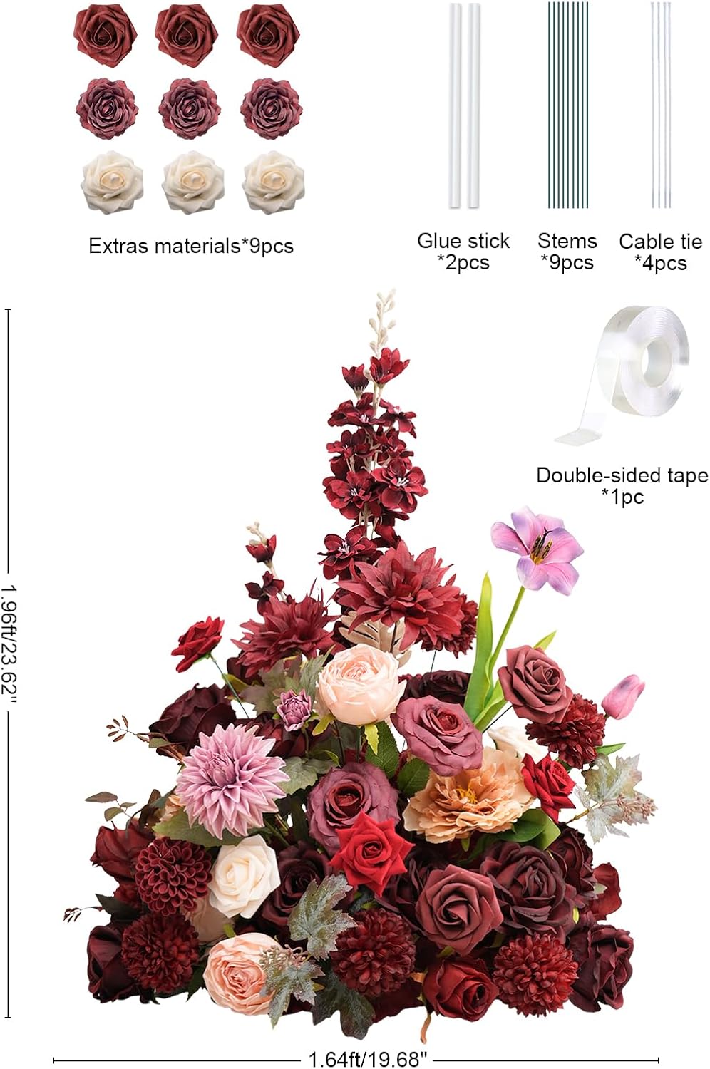 2pcs 19inch Burgundy Wine Red Free Standing Flowers Ball Bouquet Artificial Rose Arrangements Balls for Wedding Centerpieces Tables Chair Aisle Runner Flowers Decorations