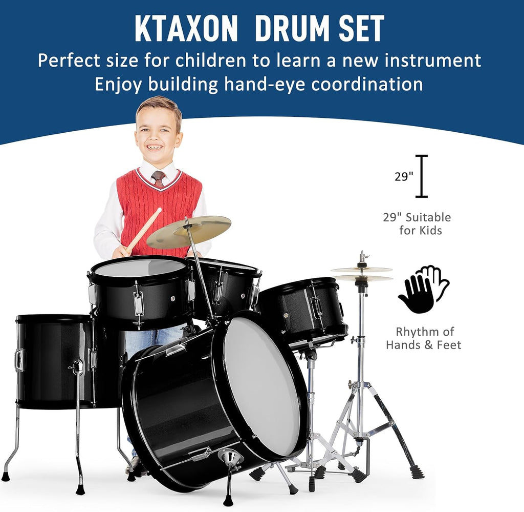 Ktaxon 5-Piece Complete Junior Drums Set, 16 Inch Beginners Drum Kit with Throne Stool, Pedal & Drumsticks, Drums Musical Instruments W/Cymbal, Hi-Hat, Floor, Tom and Snare Drum (Black)