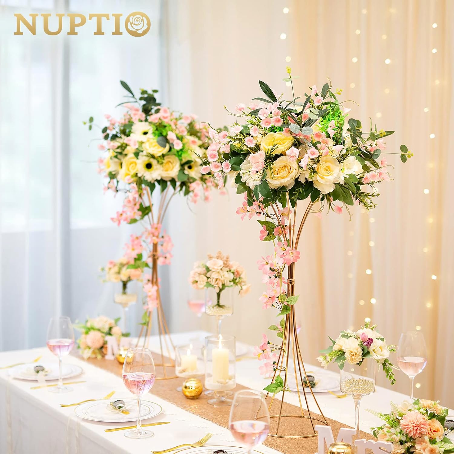 NUPTIO 10 Pcs Gold Trumpet Vase 26in Tall Metal Vase, Wedding Centerpieces for Tables, Artificial Arrangement Flower Stand for Anniversary Party Birthday Event Aisle Home Reception Decor