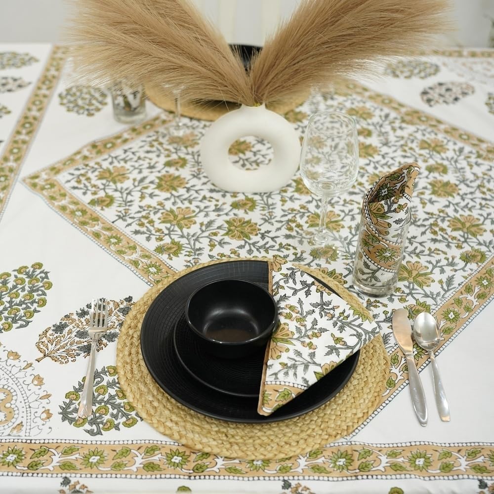 TRP Luxury Aesthetic Traditional 100% Cotton Rectangle Christmas Tablecloth | Gorgeous Green White Grey Colors Intricate Floral Pattern 72'X118' Size | Modern Farmhouse Boho Rustic Festive Fall Decor