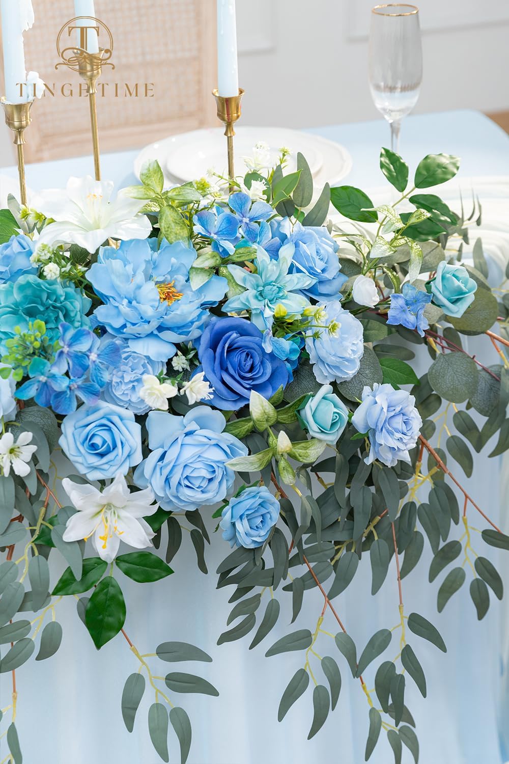 TINGE TIME Artificial Sweetheart Flower Swag with Tablecloth and Table Runner, Pack of 3 Floral Arrangement for Wedding Sweetheart Table Centerpiece Decoration Valentine's Day (Provence Blue)