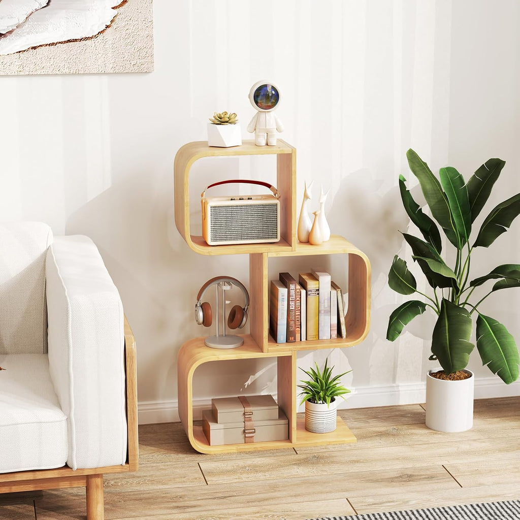 Giantex 3-Tier Bamboo Bookshelf Set of 2, S-Shaped Bookcase with 3 Open Cubes, Geometric Corner Display Shelf, Decorative Storage Organizer, Floor Storage Rack for Living Room, Home Office, Natural