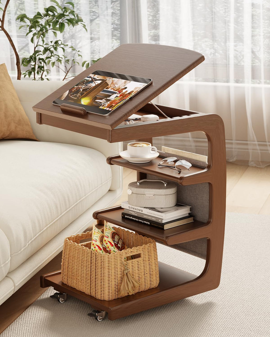 AQIMUELE Rolling Side Table, C Shaped End Table, C Table with 4 Wheels Solid Wood Small Rolling Desk with Adjustable Desktop,C Shaped End Table for Couch(15.6' D x 15.7' W x 24.3' H