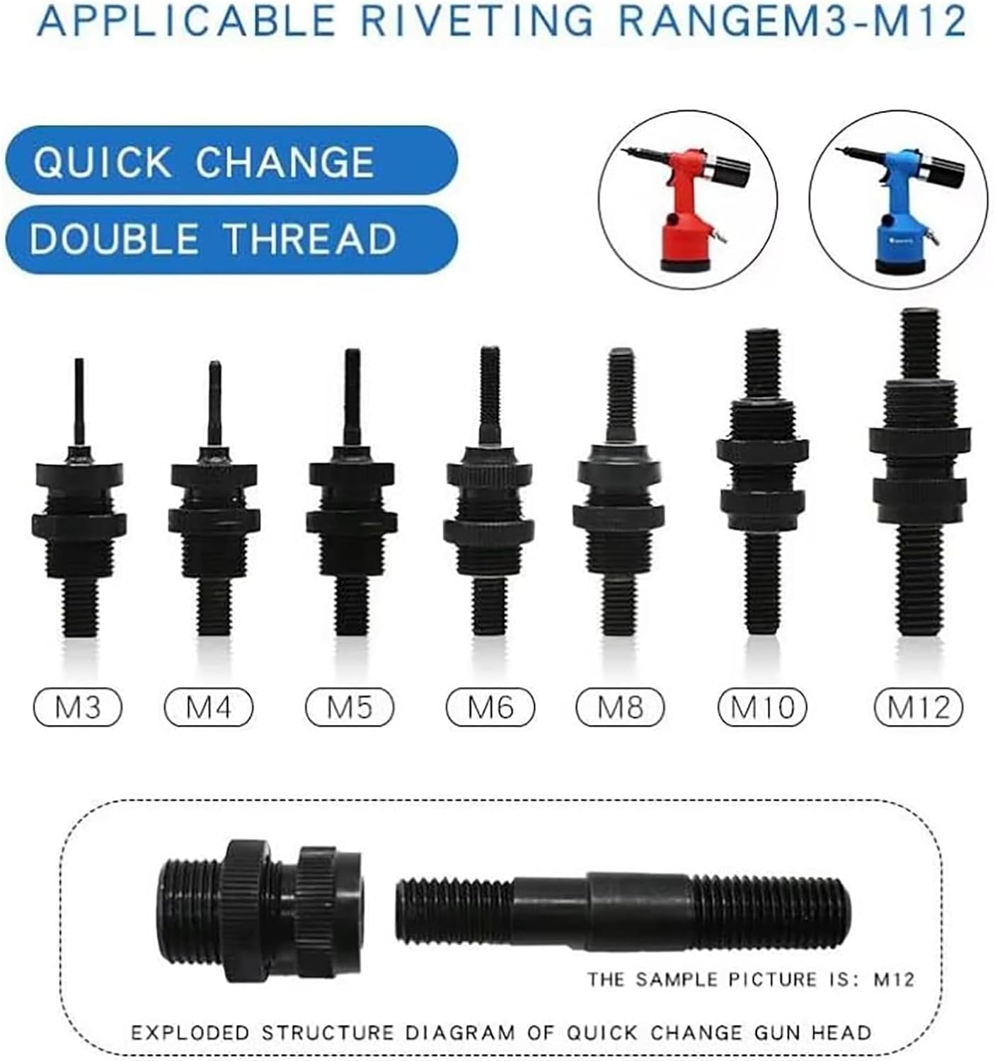 Heavy Duty Air Hydraulic Rivet Nut Tool Kit, Pneumatic Air Riveter, Powerful Pop Rivet Gun with 7 Nosepieces incl.M3-M12, 19.1kN working tension for Mechanic Tool, Construction, Home Improvement