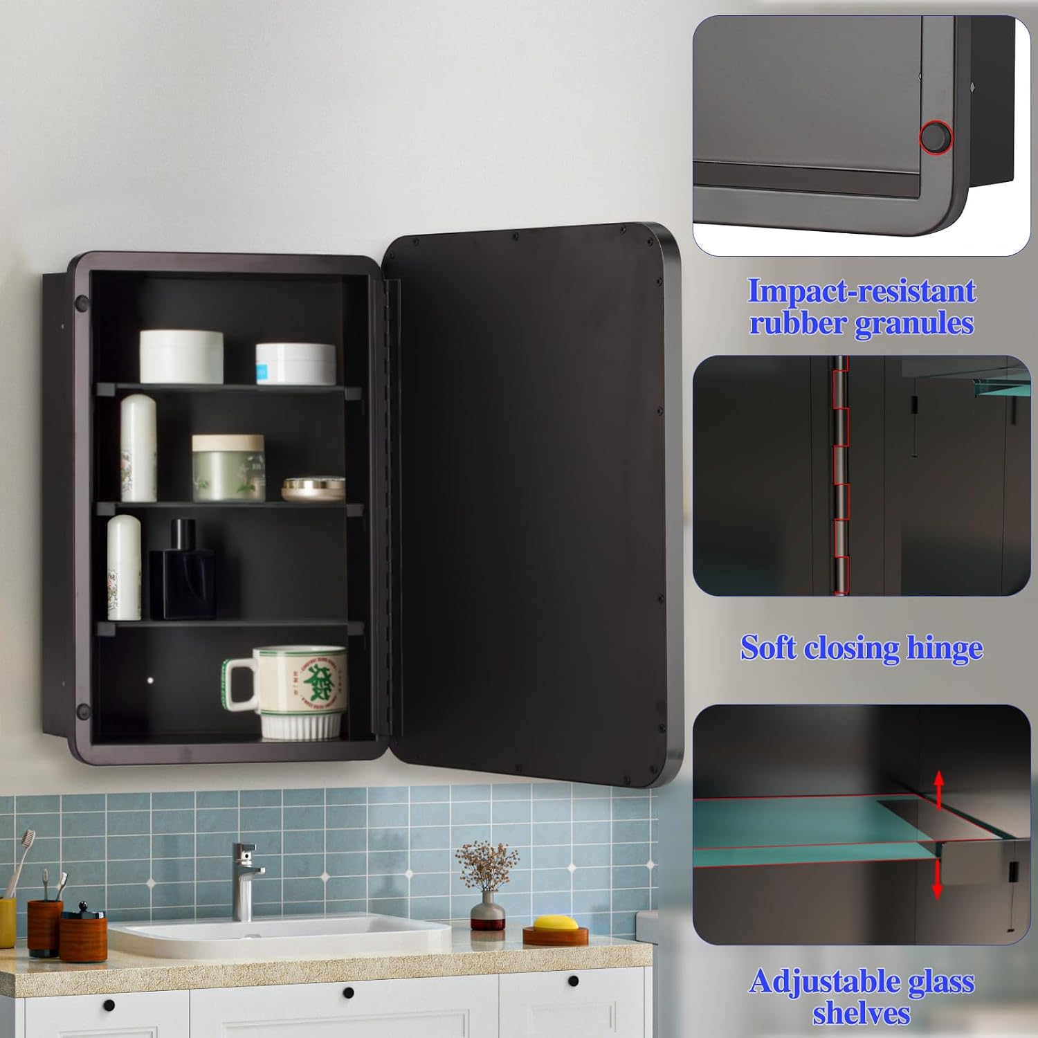 Bathroom Medicine Cabinet with 20'x26' Stainless Steel Framed Mirror,Recessed or Surface Mounted Bathroom Mirror Cabinet,Storage Cabinetfor Bathrooms, Guest Rooms, Apartments, Farmhouse Decor
