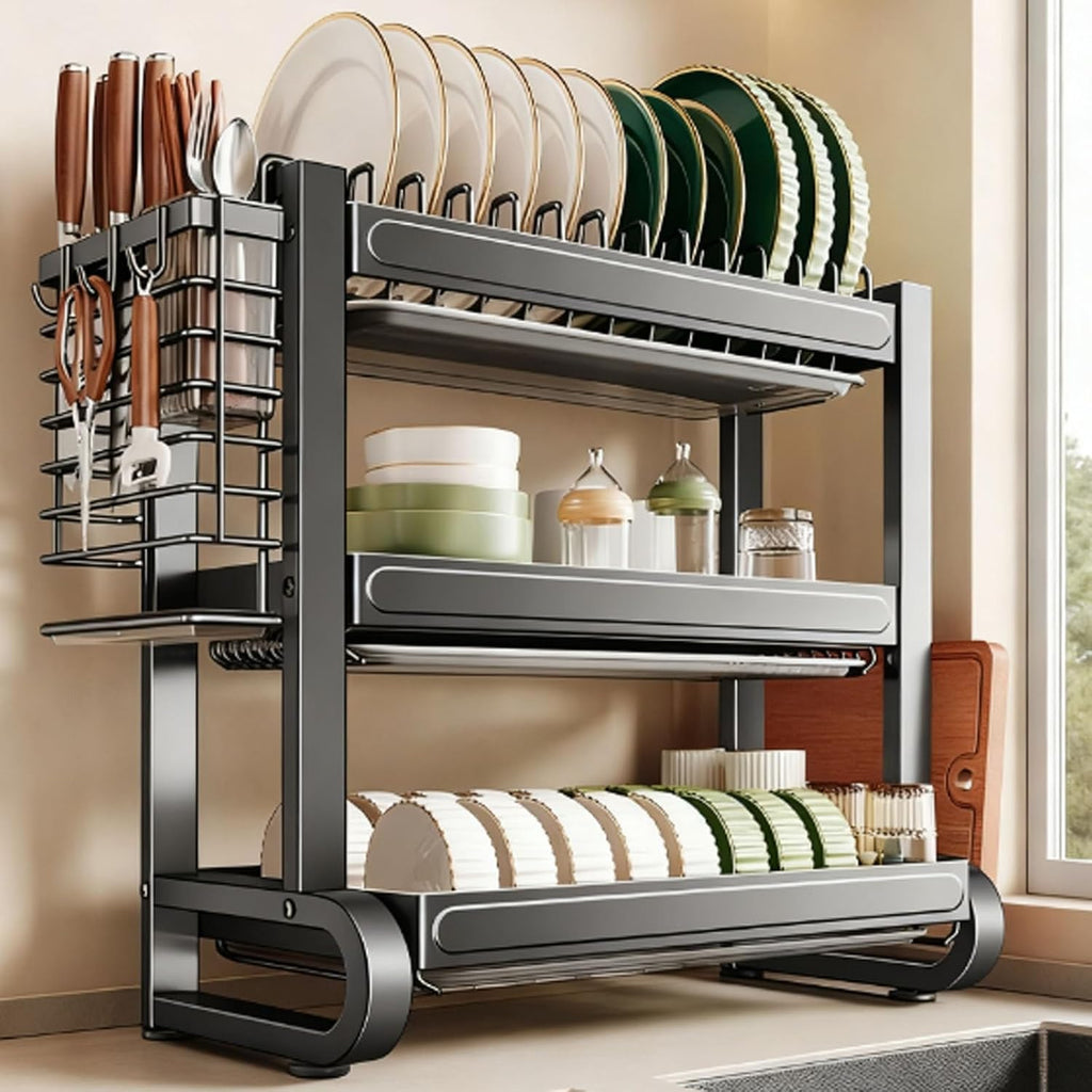 304 Stainless Steel Draining Rack,Kitchen Storage,Household Multifunctional Bowl,Suitable for Sink countertops, for(Grey 43cm/16.9in,Triple Layer)