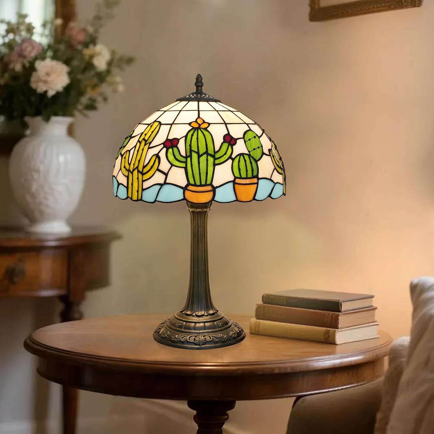 Tiffany Stained Glass Table Lamp Creative Cactus Style Unique Gift for Nature Enthusiasts Bedroom Bedlight Living Room Dining Room Office Desk Home Decor Table Lamp Atmosphere Light