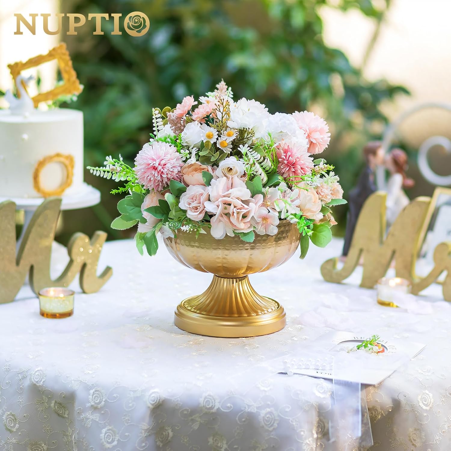 NUPTIO Gold Vases for Centerpieces Wedding: Hammered Brass Compote Vases for Small Flowers Arrangements - Metal Pedestal Bowl for Table Home Decor Set of 10