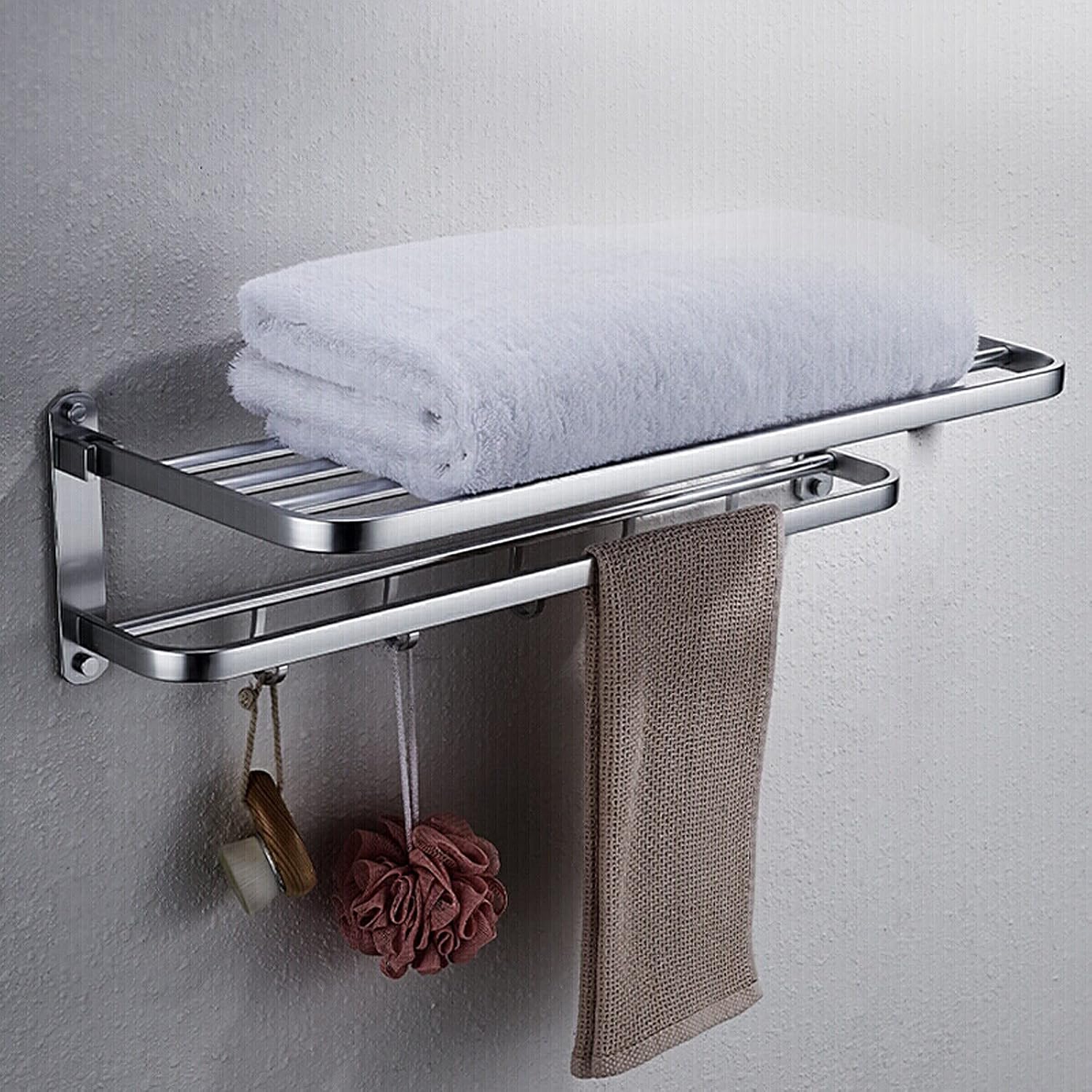 Bathroom Shelf Wall Floating Bathroom Bathroom Double Towel Rack Towel Shelf with Two Towel Bars and Hooks Design 24.9 Inch Wall-Mounted Bath Towel Racks Aluminum Floating Shelves Corner Shower Caddy