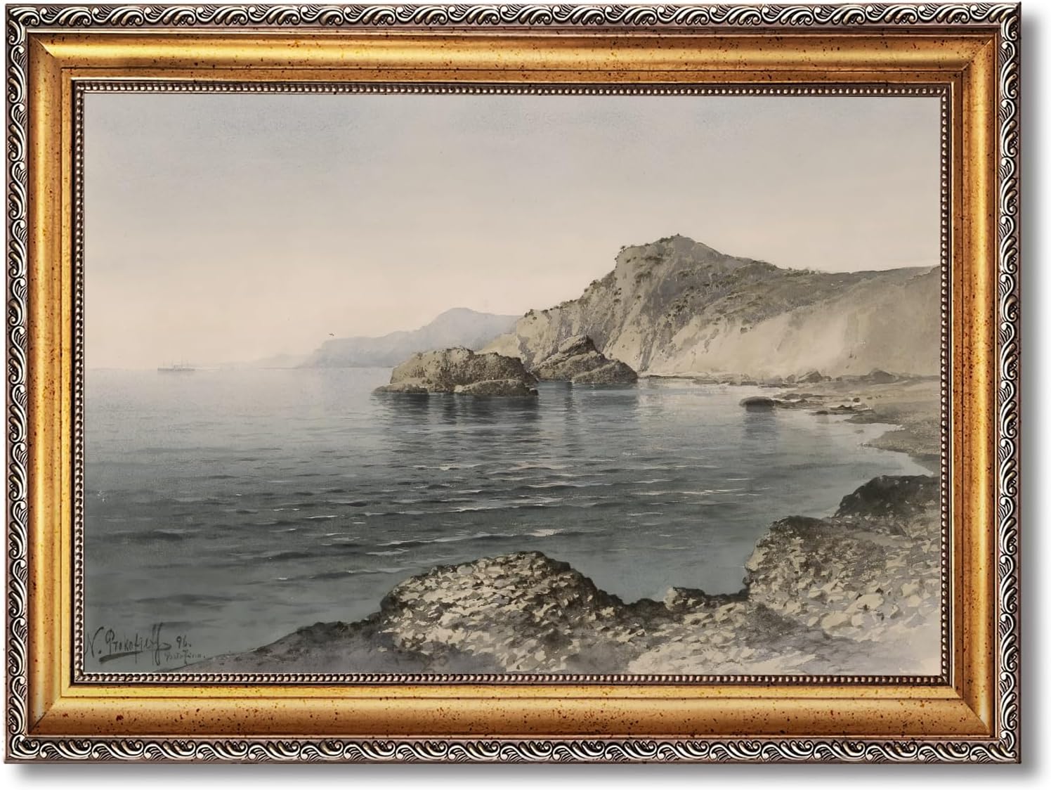 Large Framed Rocky Coastal Cliff Landscape Canvas Wall Art Vintage Classical Seascape Oil Painting Poster European Ocean Shore Artwork Print Rugged Seaside Scenery Bedroom Home Decor 24x36inch