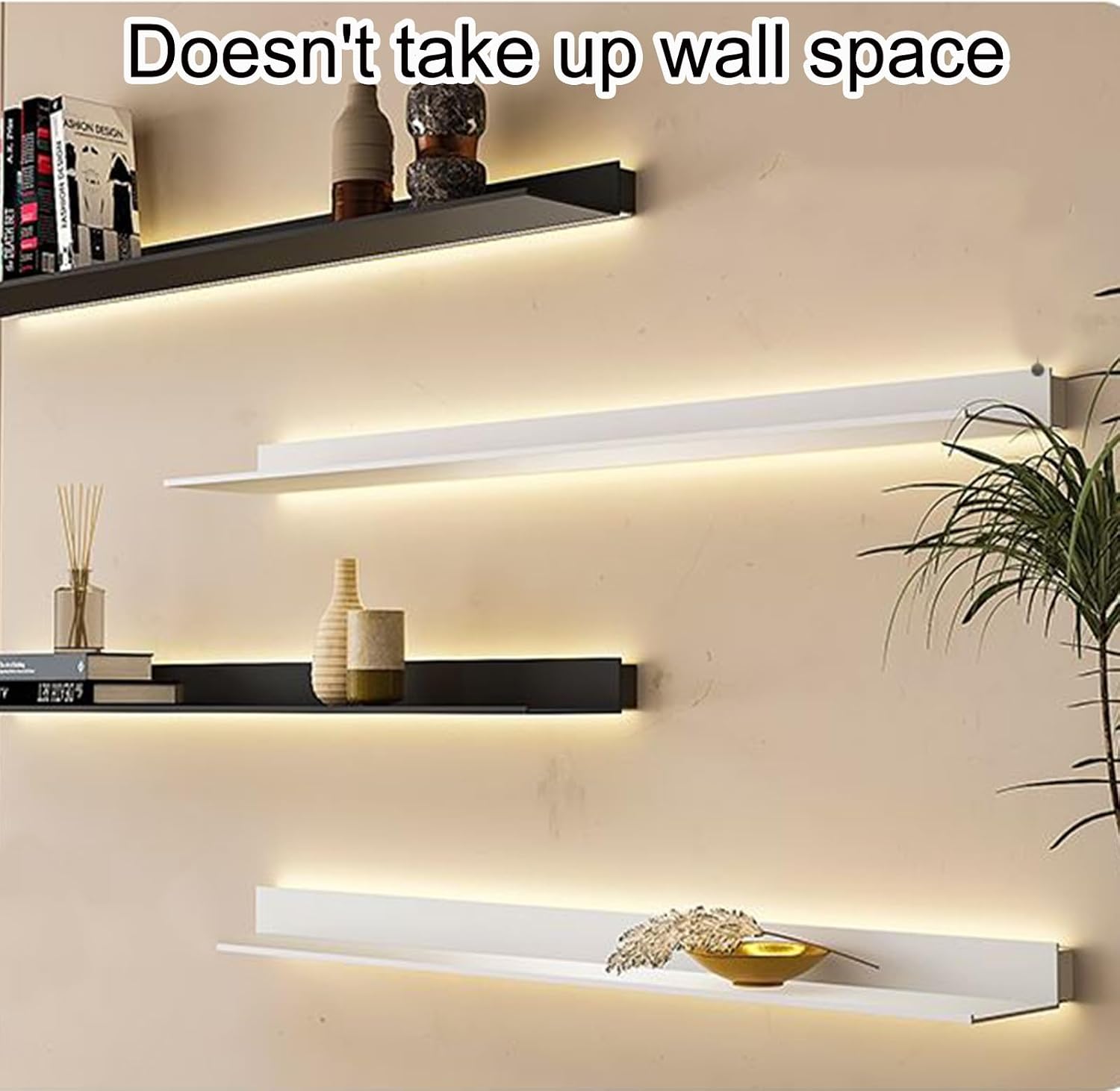Floating Shelves Wall Mounted, Light-Emitting Shelves LED Light Wall Shelves Doesn't Take Up Wall Space Shelves Can Hold A Lot of Items (Color : Noir, Size : 60x20x6cm)