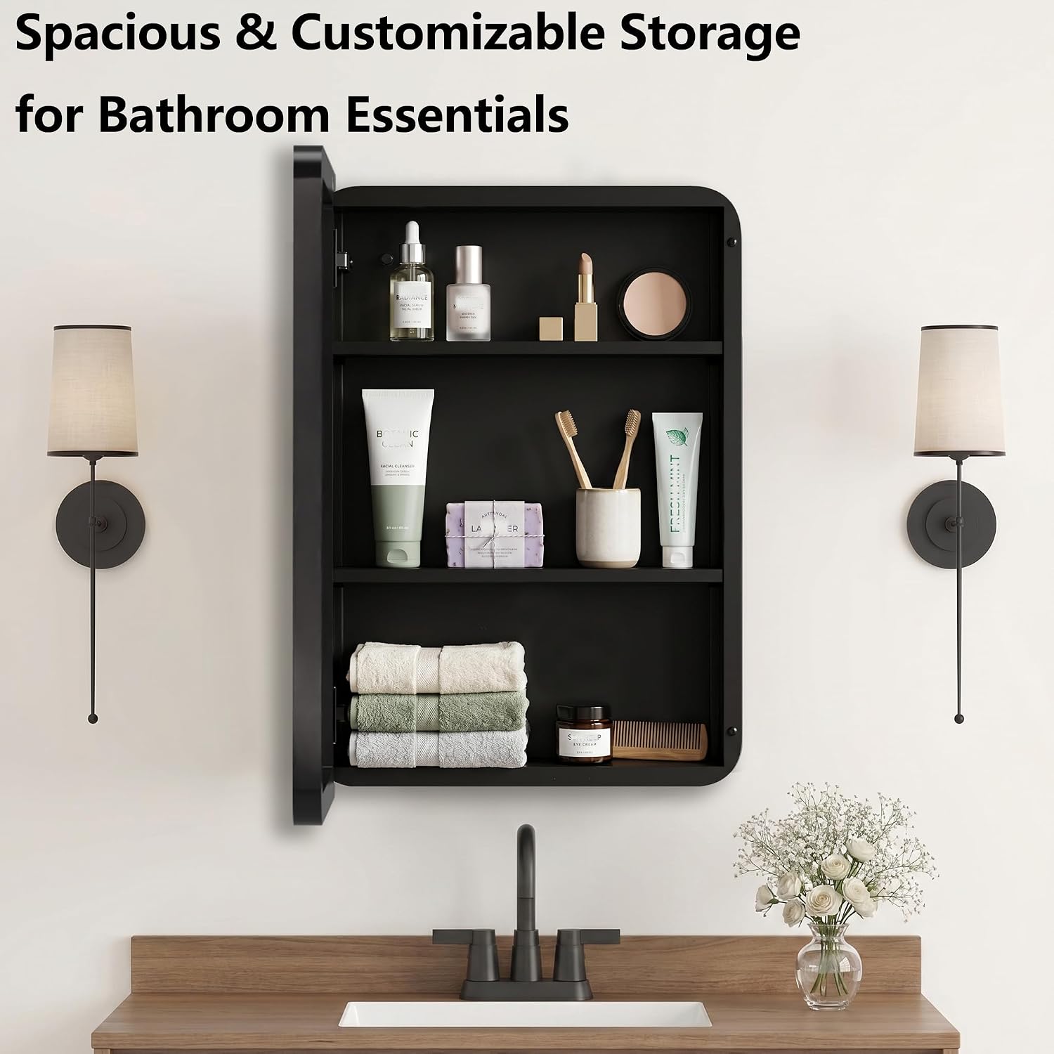 Bathroom Medicine Cabinet with 16'x26' Stainless Steel Framed Mirror,Recessed or Surface Mounted Bathroom Mirror Cabinet,Storage Cabinet for Bathrooms, Guest Rooms, Apartments, Farmhouse Decor