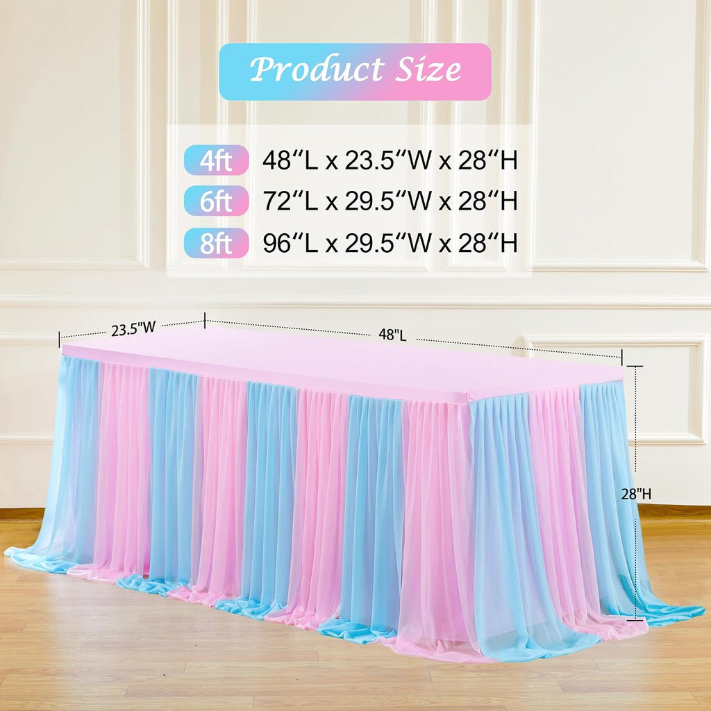 Besutolife Blue Pink Tulle Tablecloth for Rectangle Tables 3 Sides for Wedding Birthday Party Baby Shower Cake Dessert Buffet Banquet Table Decorations 4ft 6Pack