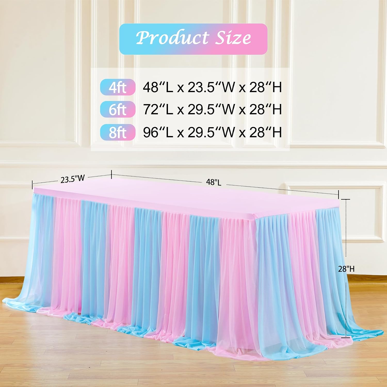 Besutolife Blue Pink Tulle Tablecloth for Rectangle Tables 3 Sides for Wedding Birthday Party Baby Shower Cake Dessert Buffet Banquet Table Decorations 4ft 6Pack