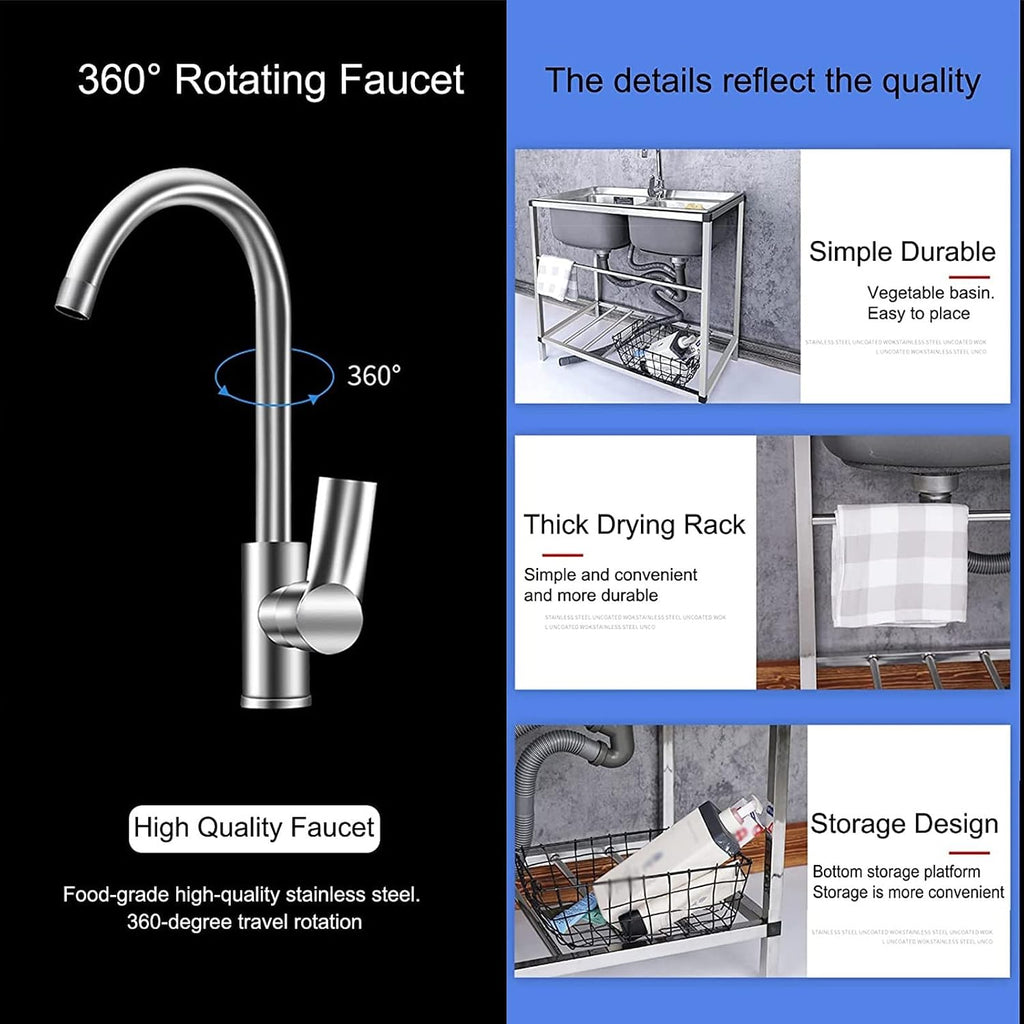Single Bowl Sink Free Standing - Stainless-Steel Commercial Restaurant Kitchen Sink - Utility Sink for Laundry Room Bathroom Farmhouse - Portable Outdoor Si(55x40x75cm