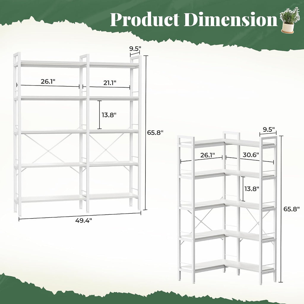 Huuger 5 Tier Bookshelf, L Shaped Corner Bookshelf with 10 Open Shelves, 49.4 Inch Straight Wide Bookcase with Metal Frame and Wooden Board, Adjustable Feet, White
