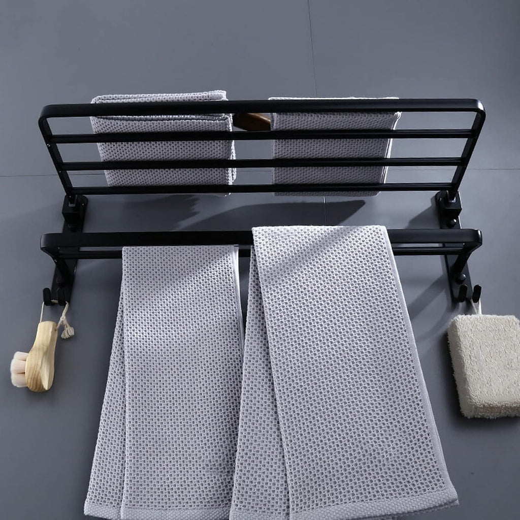 Bathroom Shelf Wall Floating Bathroom 24 Inch Bathroom Shelves Bathroom Shelf Double Towel Bar Holder with Hooks Wall Mounted Multifunctional Foldable No Drilling Floating Shelves Corner Shower Caddy