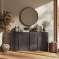 BELLEZE Sideboard Cabinet with 3 Drawers, Set of 2 Modern Wood Buffet Cabinet with Arc Design, Large Fluted Sideboard with Storage for Dining Room Living Room Entryway, Ebony