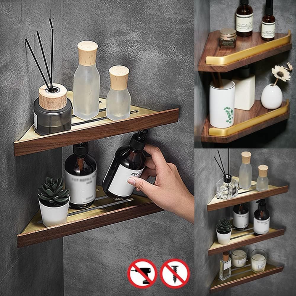 Floating Bathroom Corner Shelves - Wall-Mounted Brushed Walnut Caddy Double Layer nizer for Shower Kitchen & Cosmetics Storage Space-Saving Solution (B)