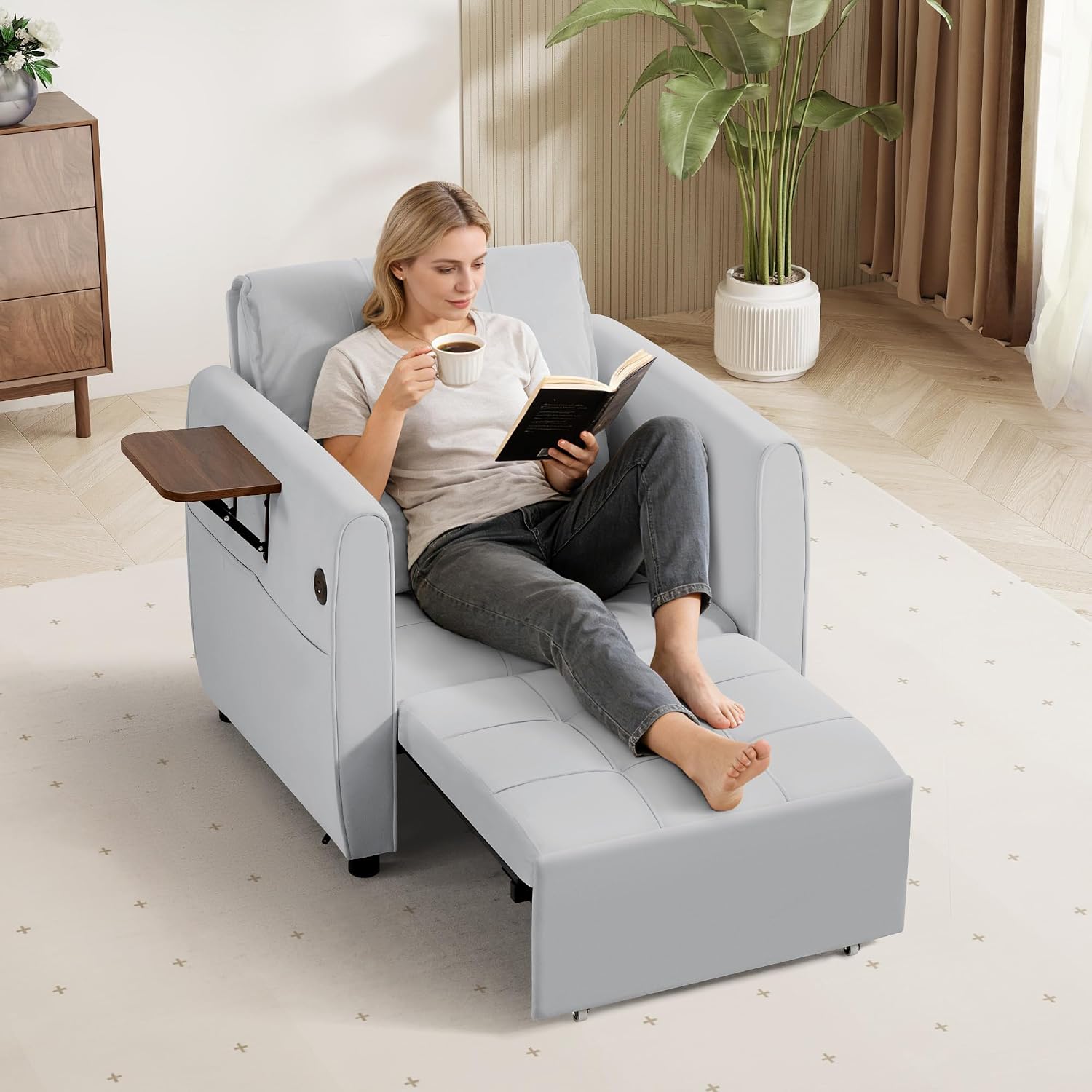 90' Convertible Sofa Chair Bed, 4 in 1 Pull Out Sleeper Chair, Adjustable Backrest Recliner with USB Port, Bottom Storage Basket, Folding Side Table, Lounge Sofa for Living Room Apartment Small Place
