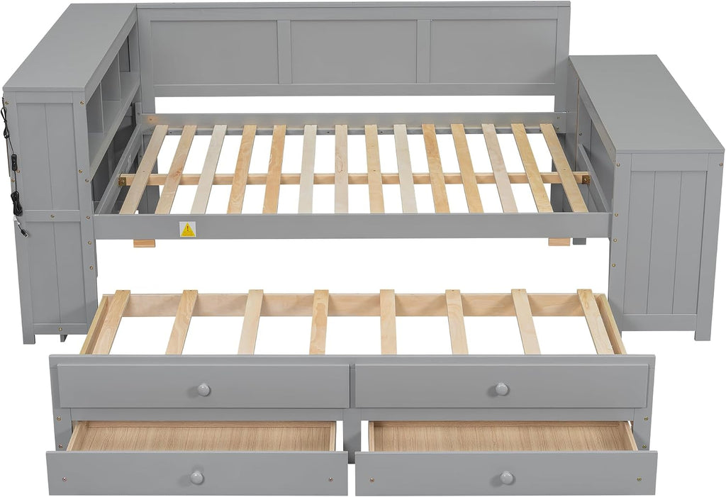 Bellemave Full Corner Bed Frame, Twin Size Captain beds with Storage Cabinets and Desk, Wood Daybed with Bookcase Trundle and Drawers, Gray