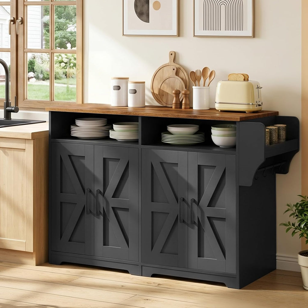 YATINEY Coffee Bar Cabinet, Kitchen Island with Storage, Farmhouse Sideboard Buffet Cabinet with Dual-Purpose Floating Shelf and Hooks, for Restaurant, Living Room, Rustic Brown KF32BR