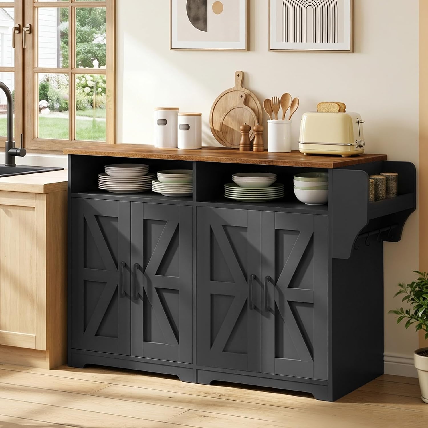 YATINEY Coffee Bar Cabinet, Kitchen Island with Storage, Farmhouse Sideboard Buffet Cabinet with Dual-Purpose Floating Shelf and Hooks, for Restaurant, Living Room, Rustic Brown KF32BR