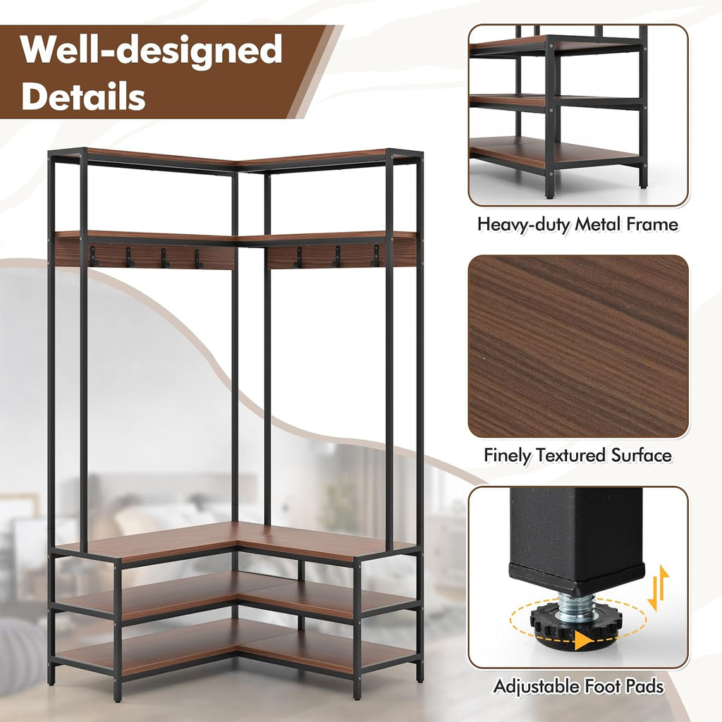 Tangkula Corner Hall Tree, 70 Inch Coat Rack with Bench and Shoe Storage, Entryway Furniture with 7 Hooks, Heavy Duty Metal Frame, Space Saving Clothes Rack Shoes Shelf Organizer (Brown)