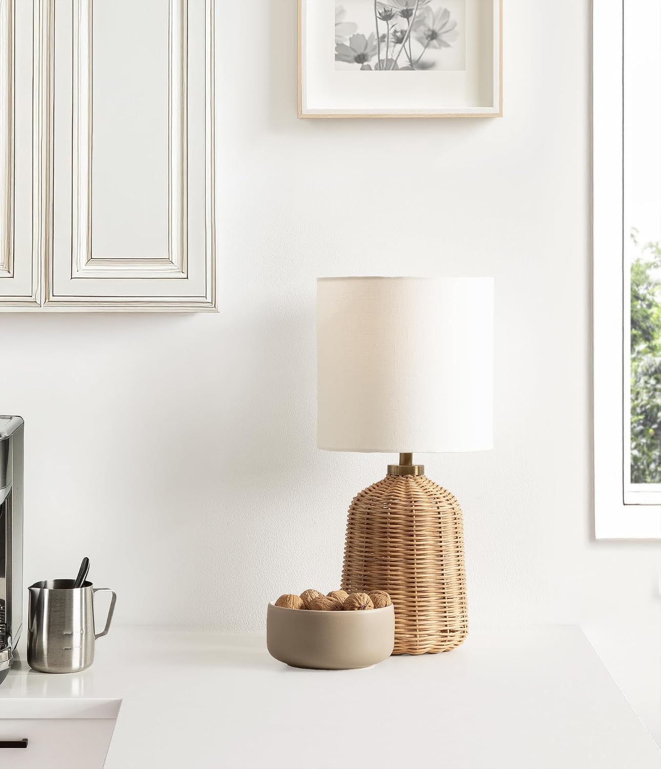 Kate and Laurel Wylla Modern Rattan Bedside Table Lamp, 8 x 8 x 18, Natural Rattan, Decorative Woven Tabletop Desk Lamp with Linen Shade for Living Room Decor