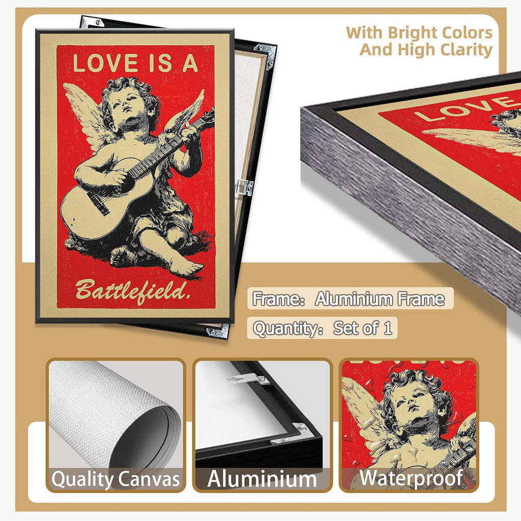 Love Is A Battlefield Framed Poster Angelic Musician Playing Acoustic Guitar Canvas Wall Art Valentine'S Day Prints Painting For Home Bedroom Dorm Wall Decor 24x36in Framed
