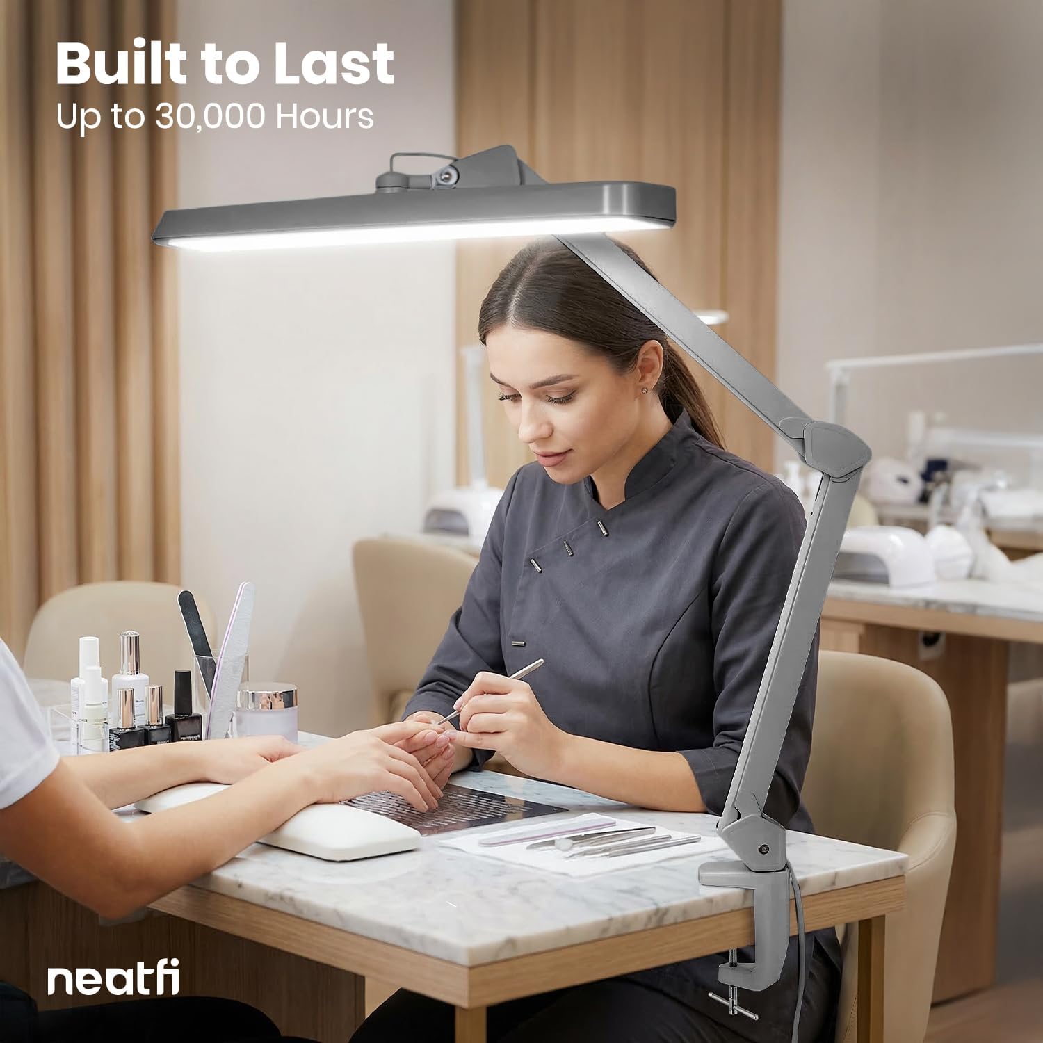 Neatfi XL 2,500 Lumens 30W LED Task Lamp for Manicure Table, Crafts, Workbench, Office – 22' Wide Shade Desk Light | Eye-Caring 6500K | 4-Level Brightness (Silver, Non-CCT with Clamp)
