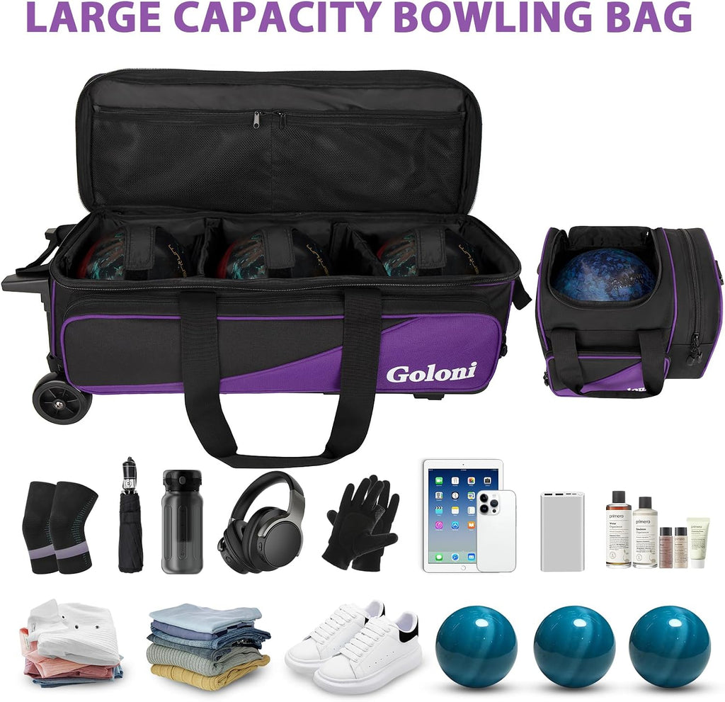 Goloni 3 Ball Bowling Bag with Wheels, Rolling Bowling Roller Bag with Retractable Handle for Balls & Bowling Accessories