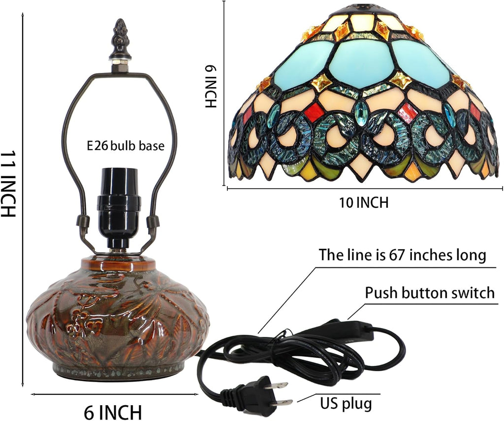 Small Tiffany Table Lamp, 10X10X11 Inch Mini Stained Glass Mushroom Desk Light Memory Sympathy Ceramic lamp (Sapphire Style)