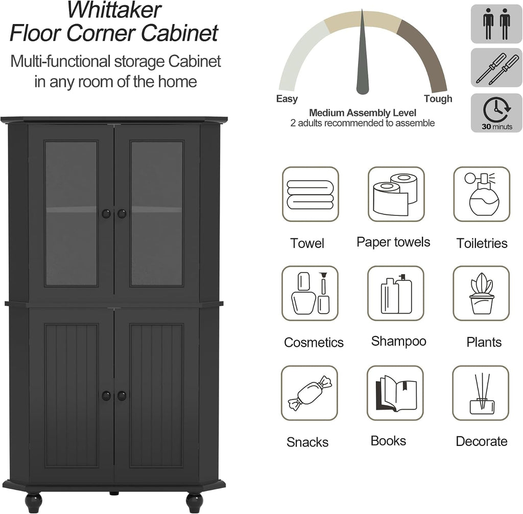 Tall Corner Cabinet with Glass Doors, Black Corner Shelf for Living Room | Tempered Glass, Painted, Adjustable Shelves, Roman Column Legs, Anti-Tipping Device, Assembly Required, Large Storage Space