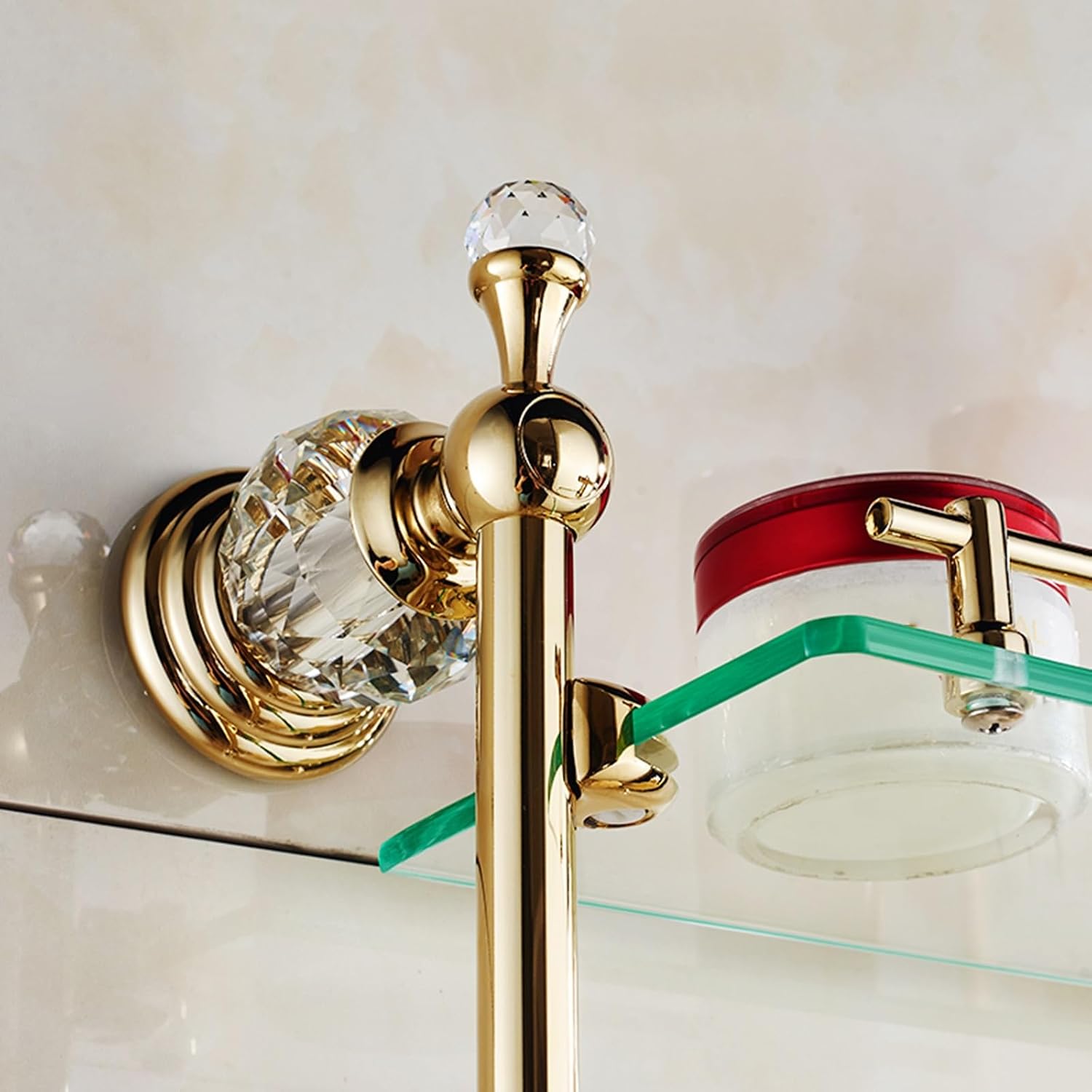 2-Tier Gold Wall Mounted Tempered Glass Bathroom Shelf with Towel Rack - Modern, Contemporary Style