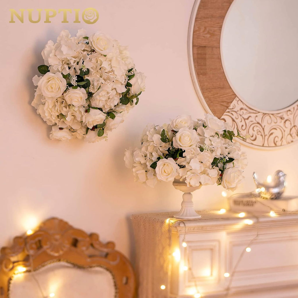 NUPTIO Flower Balls for Wedding Centerpieces - 10 Pcs 14.2 inch Diameter Fake Flower Ball Arrangement Bouquet Party Centerpieces for Tables - White Rose Bouquet Centerpiece Flowers for Wedding Table