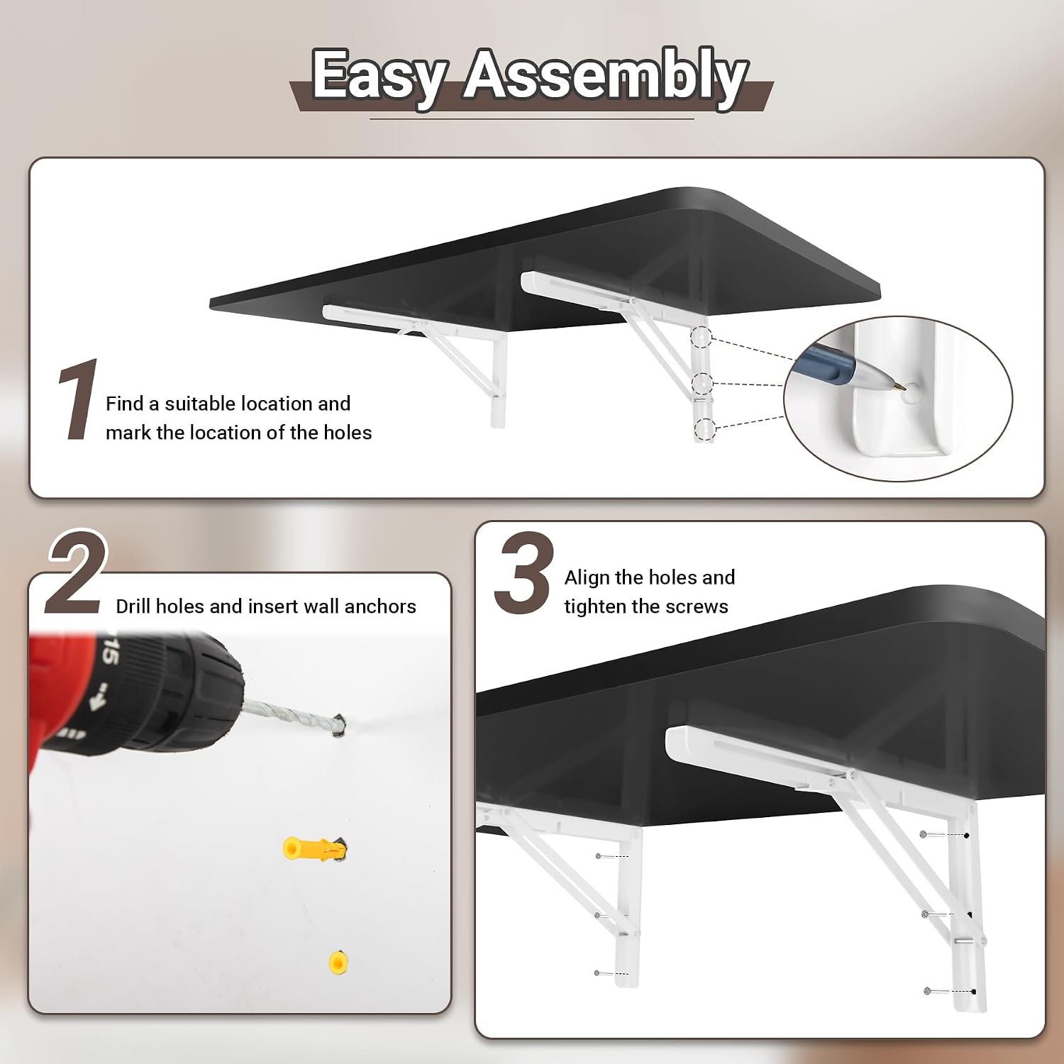 Neoaider Wall Mounted Folding Table 47.2'L x 19.7'W, Laundry Folding Table with Heavy Duty Metal Collapsible Shelf Brackets, Wall Mounted Desk Fold Down for Small Spaces, Black