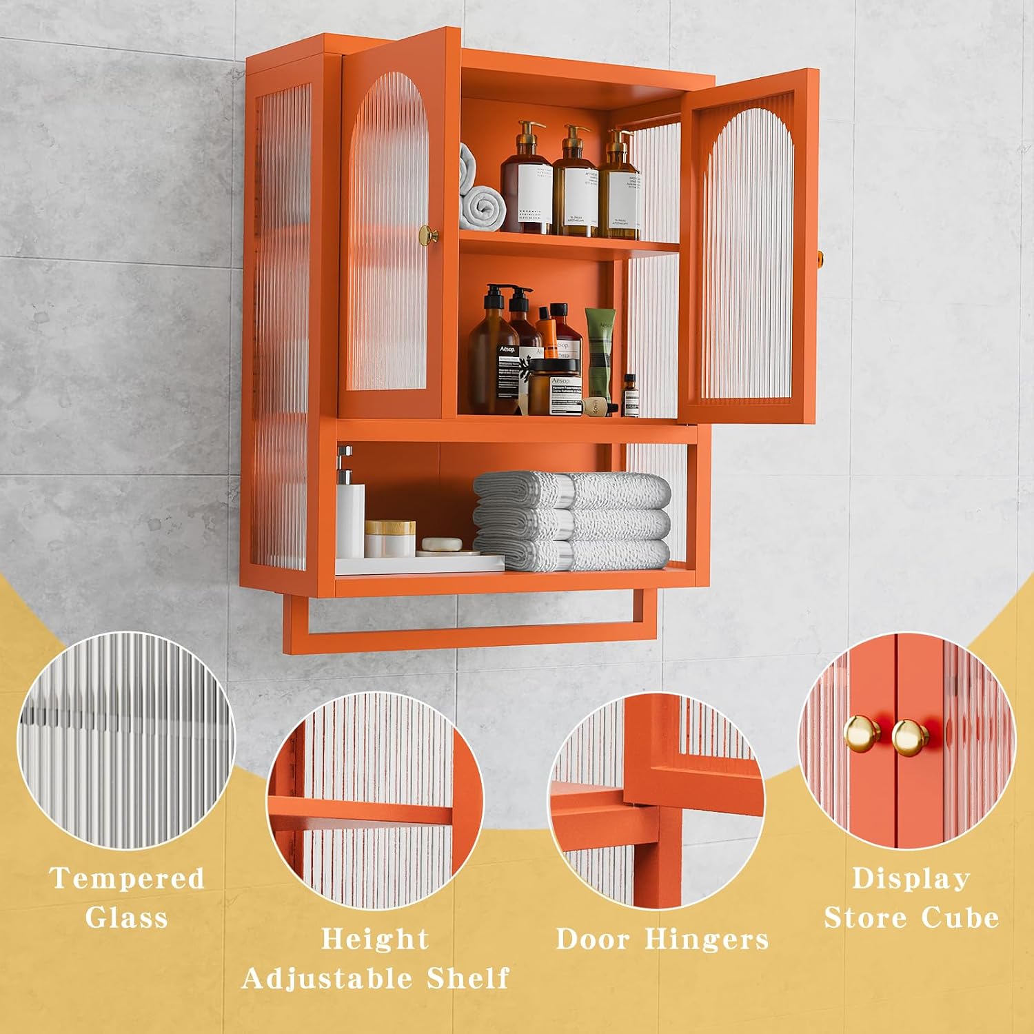 ALBAD Metal Bathroom Wall Cabinet with Fluted Glass Door and Towel Bar Wall-Mounted Medicine Cabinets Over the Toilet for Modern Bathroom, Kitchen, Garage, Laundry Room, Orange