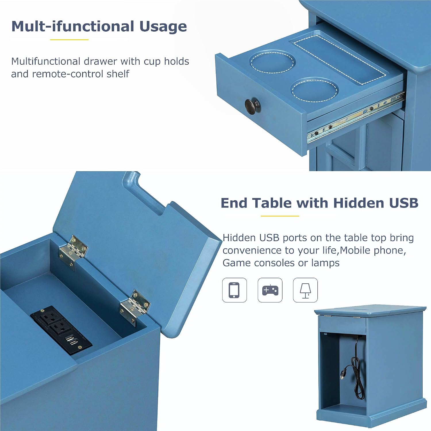 Multifunctional Classic Vintage End Table with USB Ports and 1 Drawer with Cup Holders, Sofa Side Bedside Nightstand Narrow Table for Living Room Bedroom (Antique Navy)