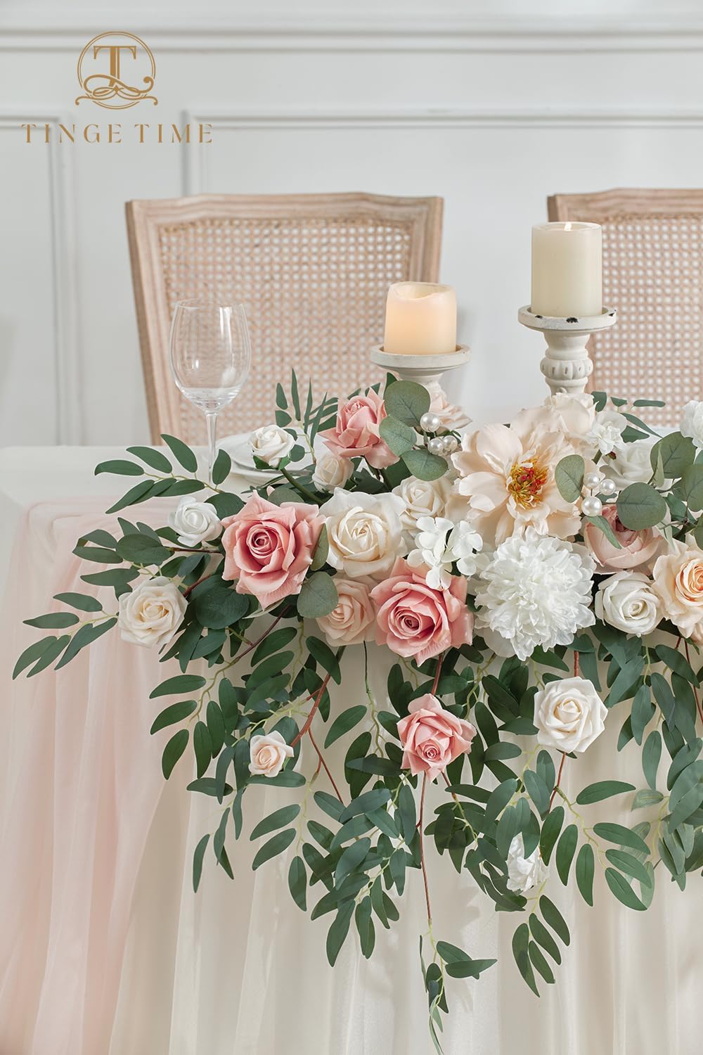 TINGE TIME Artificial Sweetheart Flower Swag with Table Cloth and Table Runner, Pack of 3 Floral Arrangement for Wedding Sweetheart Table Centerpiece Decoration (Dusty Rose & Champange)