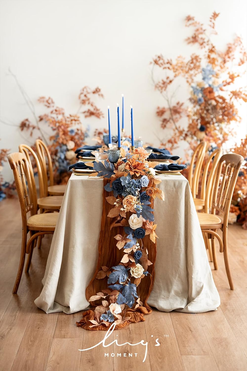 Ling's moment 9FT Eucalyptus & Willow Leaf Garland with White Flower, Handcrafted Wedding Sweetheart Table Centerpieces Head Table Decor Arch Backdrop Decorations for Wedding | Burnt Orange & Denim