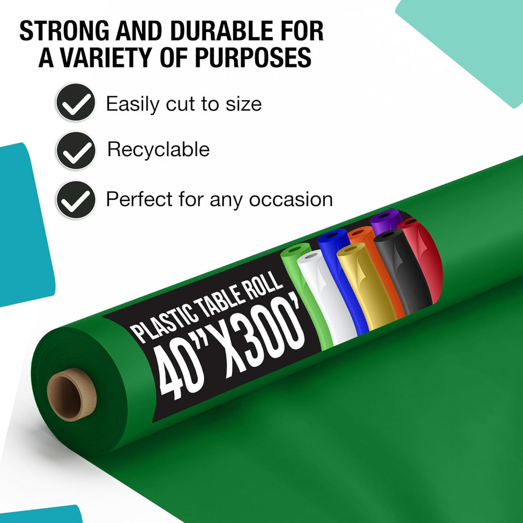 Exquisite Party Solids Emerald Green Plastic Table Cover Roll, Pack of 4-40' X 300' Table Cloth Plastic Cover Roll - Premium Quality Thick 0.5 MIL Banquet Rolls - Disposable Tablecloth Rolls