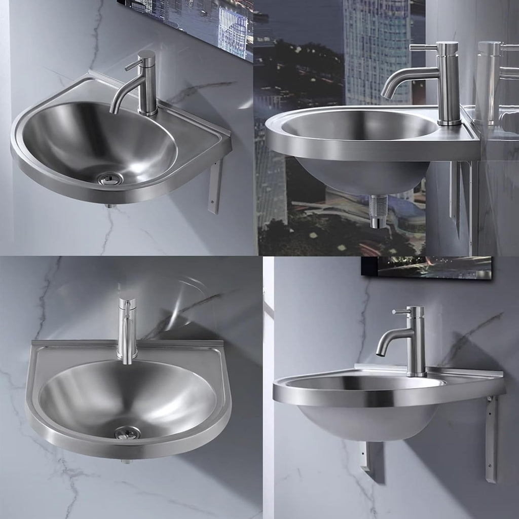 Stainless Steel Single Bowl Sink with Faucet, 3.9IN Deep Wall-Mounted WashBasin, Space-Saving, Easy to Clean,Small Sink Corner for Kitchen Bathroom (Color : Silver, Size : E) (Silver E)