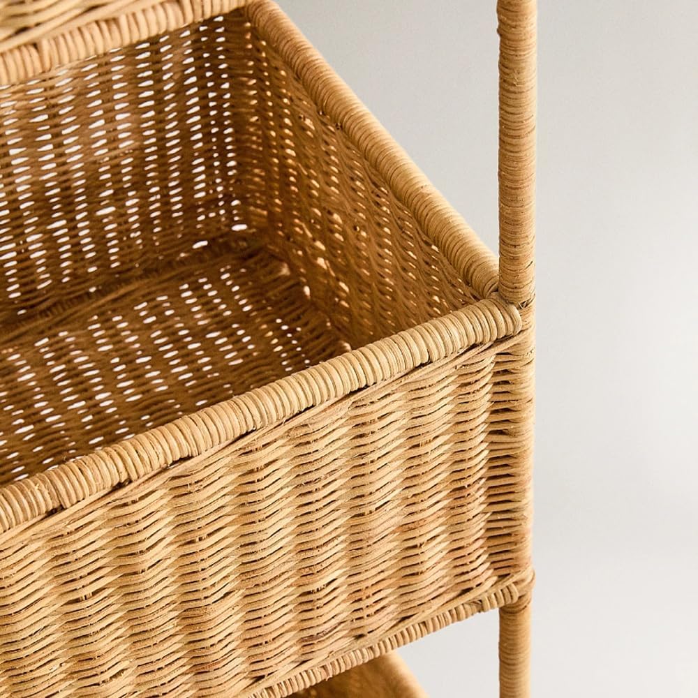 3 Tier Rattan Storage Rack, Hand-Woven Storage Shelves, Boho Basket Stand with Metal Frame, Rattan Corner Shelf for Living Room, Kitchen, Laundry, Bathroom