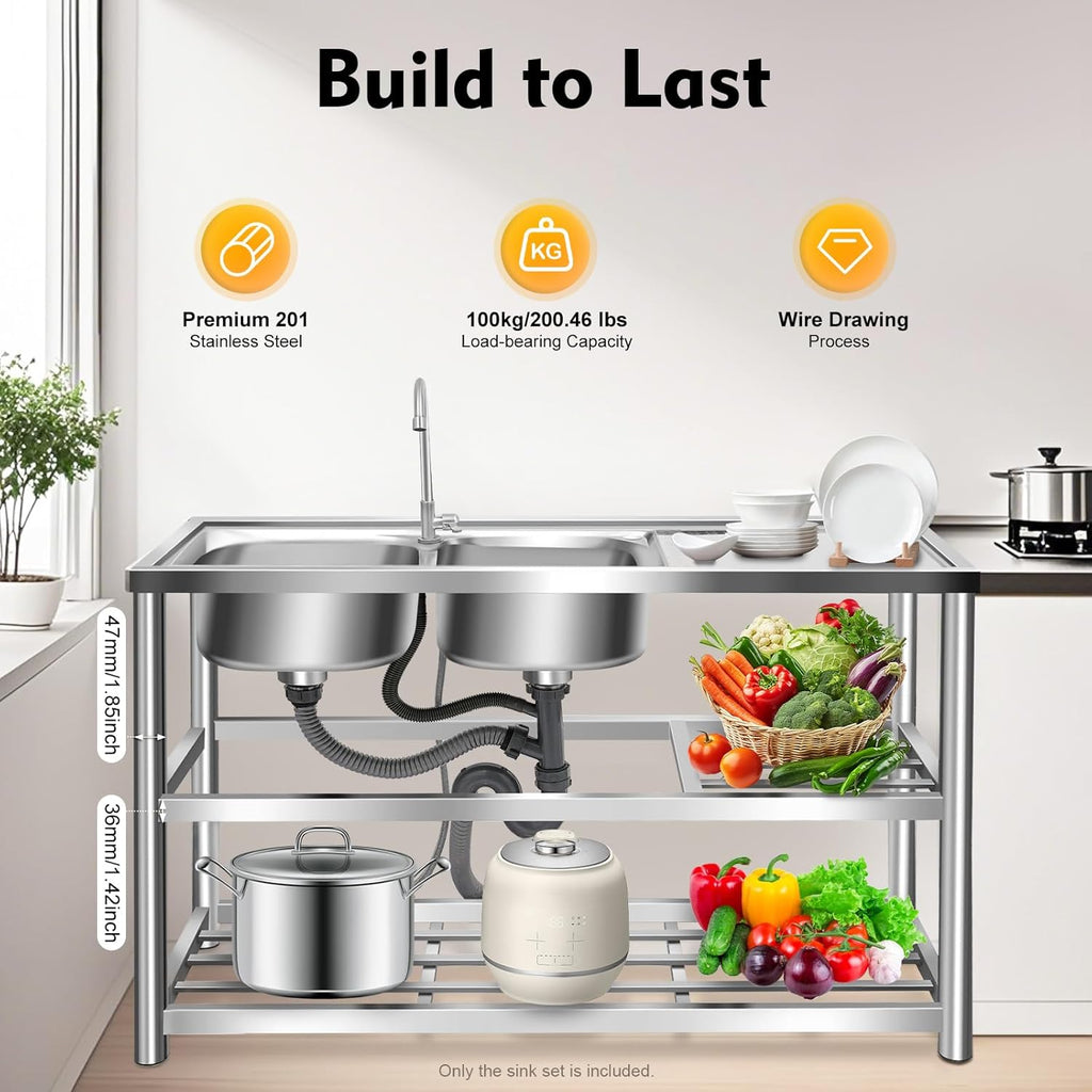 Free Standing Stainless Steel Commercial Sink Set, 47 Inch Double Bowl Utility Sink with Triple Storage Shelves, Worktable, Faucet & Drainboard for Restaurant Kitchen Laundry Garage