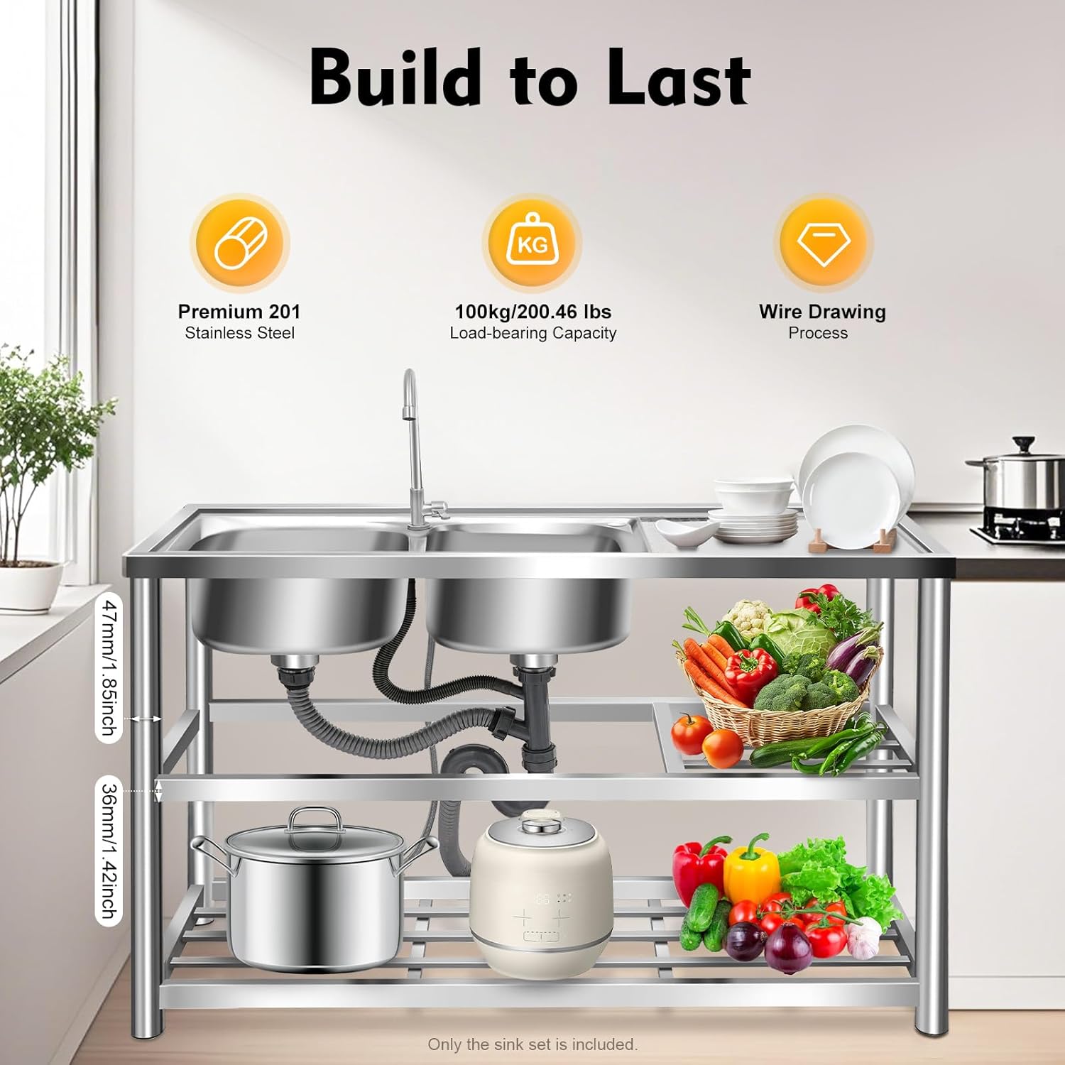Free Standing Stainless Steel Commercial Sink Set, 47 Inch Double Bowl Utility Sink with Triple Storage Shelves, Worktable, Faucet & Drainboard for Restaurant Kitchen Laundry Garage