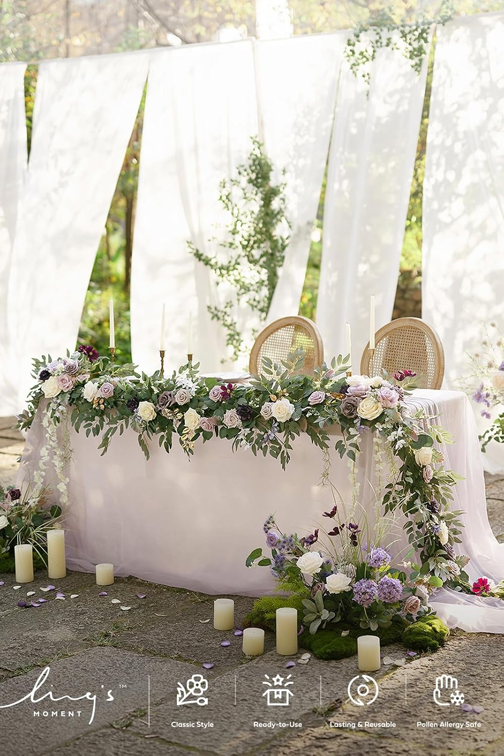 Ling's moment 9FT Flower Garland for Backdrop Decorations - Wedding Arch Flowers, Eucalyptus & Rose, Artificial Floral Garland for Mantel - Sweetheart Table Decor for Ceremony Reception, Lilac & Gold