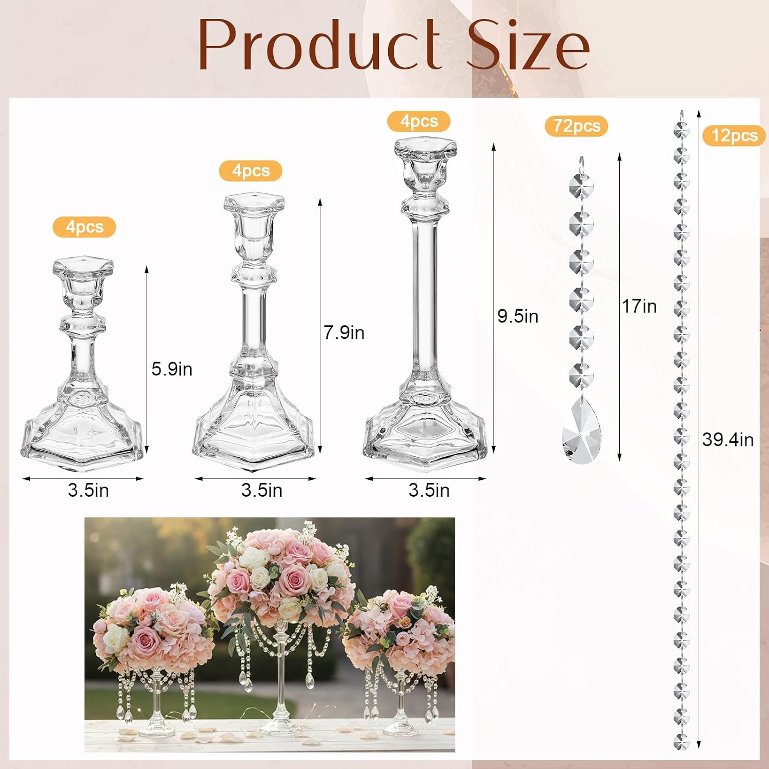 12 Set Wedding Centerpieces for Tables 12 Glass Flower Stands for Wedding 12 Acrylic Crystal Strings 72 Acrylic Crystal Ornament Beads for Party Christmas Party Tabletop Decoration