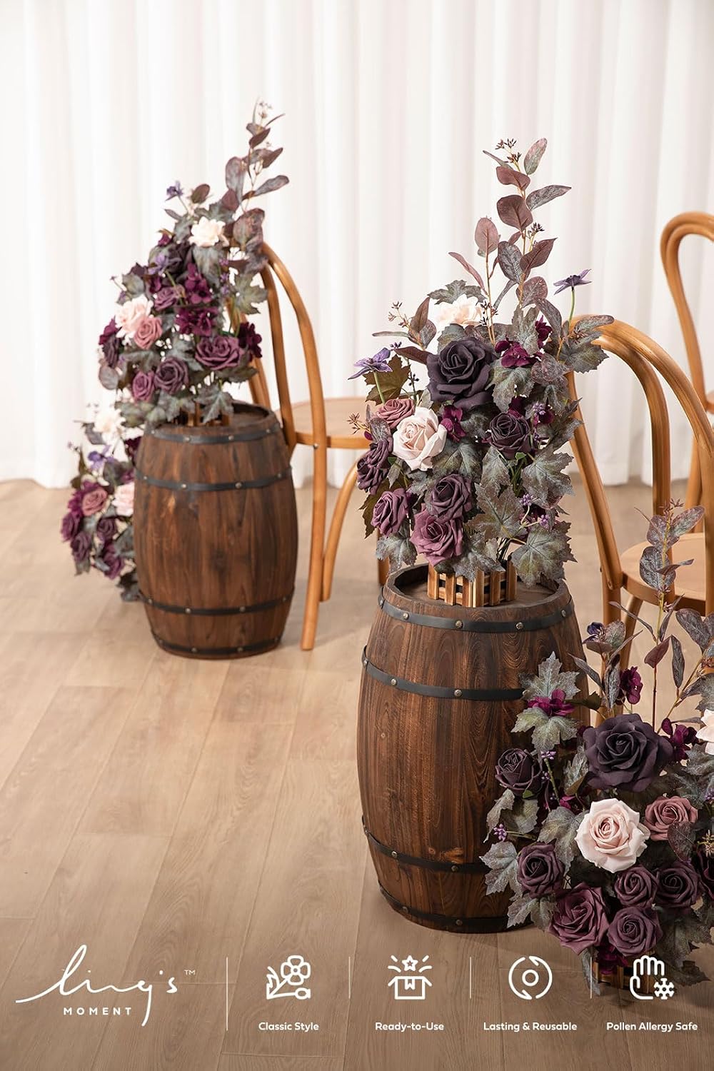 Ling's moment 17.5' Tall Standing Artificial Flowers Arrangements 4 pcs Fall Wedding Aisle Runner Chair Decorations Deep Plum Centerpieces for Ceremony Reception Rose Floral Party Outdoor