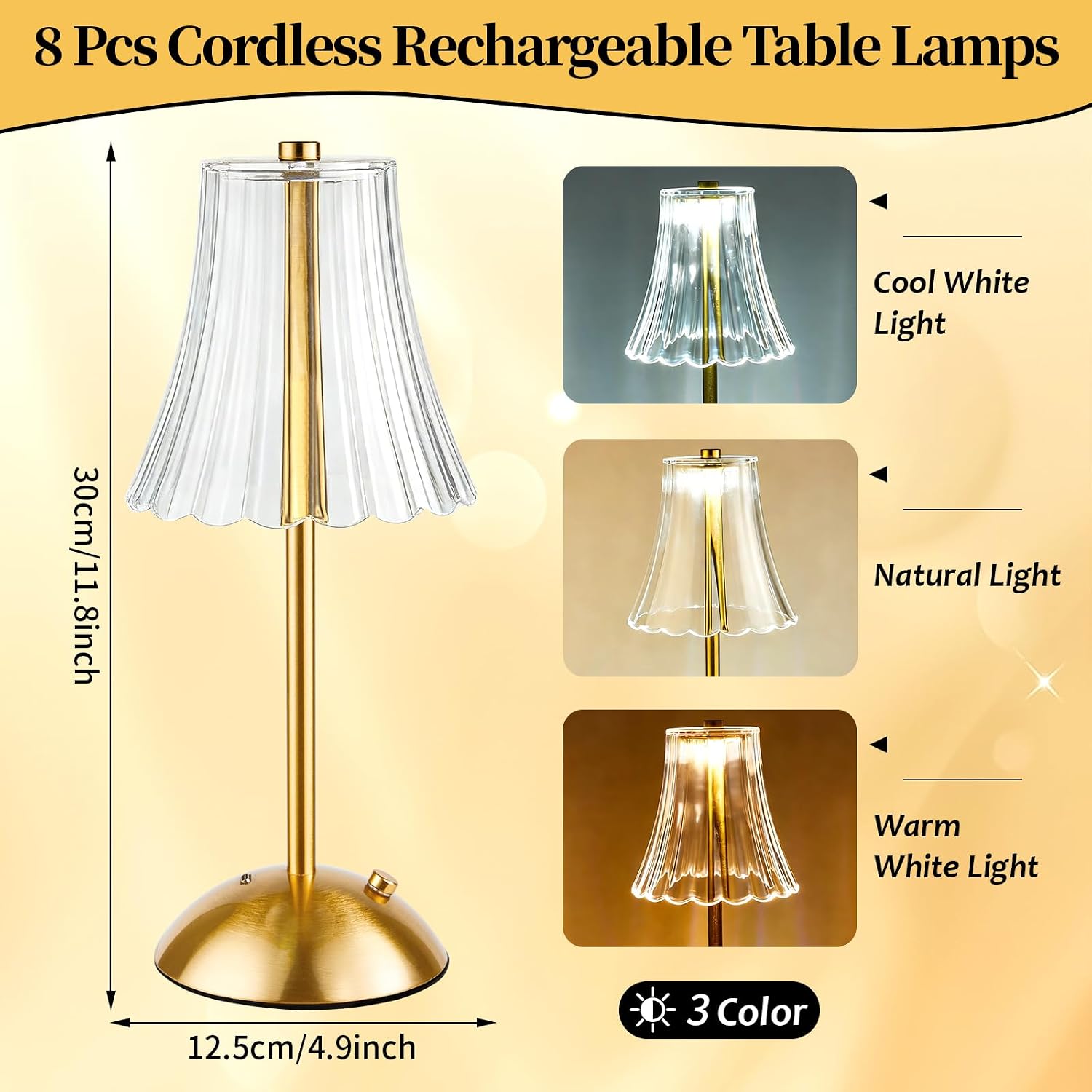 8 Pcs Cordless Table Lamp Gold Cordless Battery Operated Touch Table Lamps Rechargeable 3 Color Dimmable LED Portable Flower Lamp for Bedroom Living Room Kitchen Dining Outdoor
